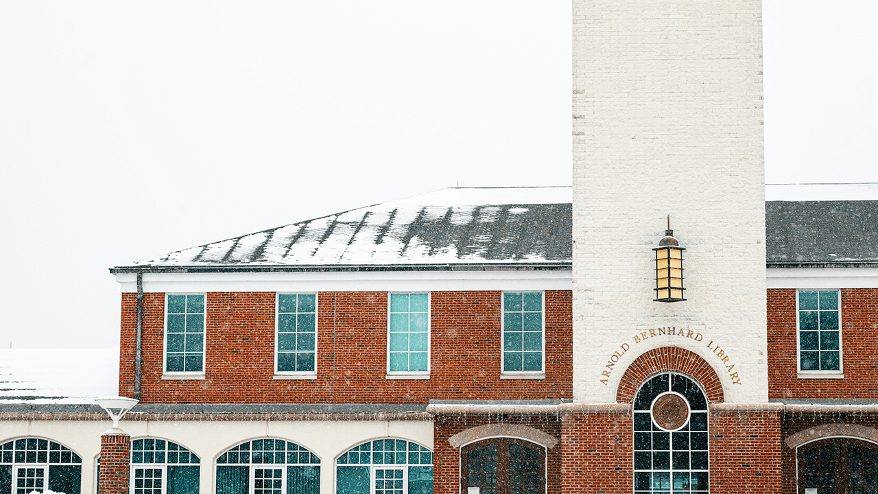 An up-close architecture shot of the corner and windows of the Arnold Bernhard library