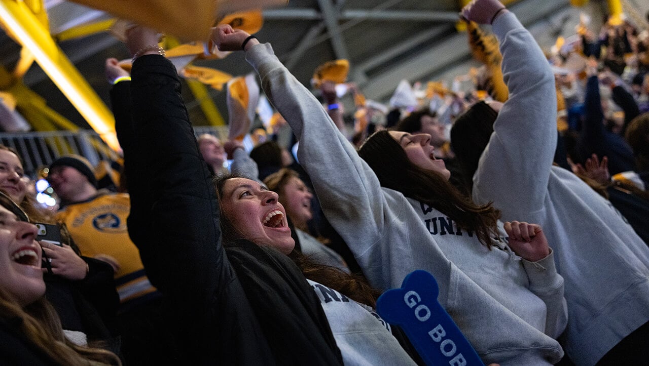 Students cheer at a Quinnipiac men's ice hockey game