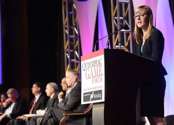 Rachel Moon '16, a student volunteer and registration chair for G.A.M.E. VI, introduces speakers