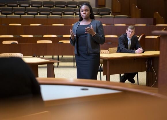 Woman speaking in court