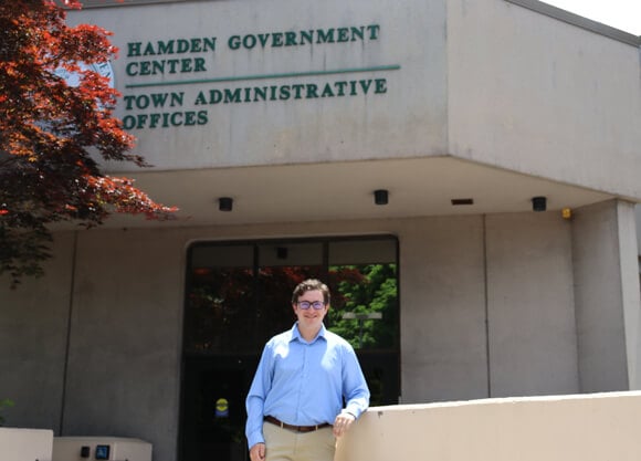 Ryan Hagerman stands outside of the Hamden mayor's office