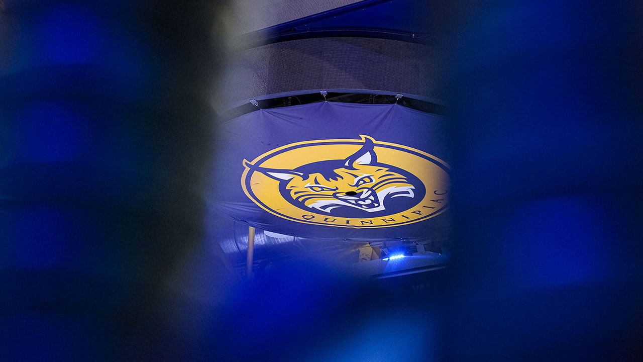 The Quinnipiac Bobcat above the ice rink.