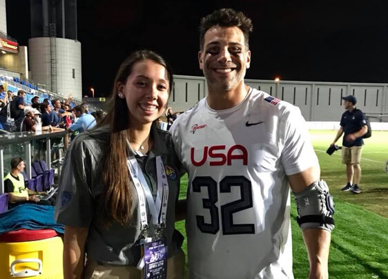 Haley with Team USA FOGO Greg Gurenlian on the sideline at the World Lacrosse Championships in Netanya Israel (2018)