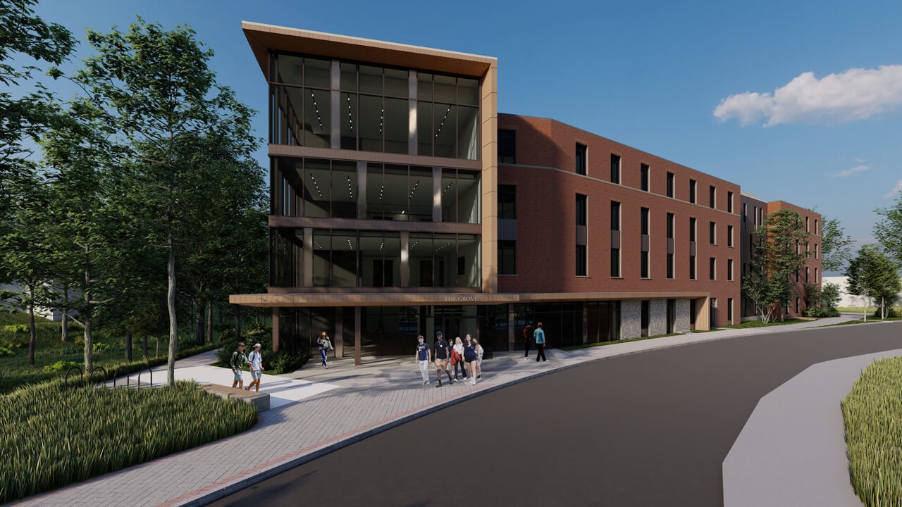 Rendering of exterior of The Grove, the new residence hall in the South Quad