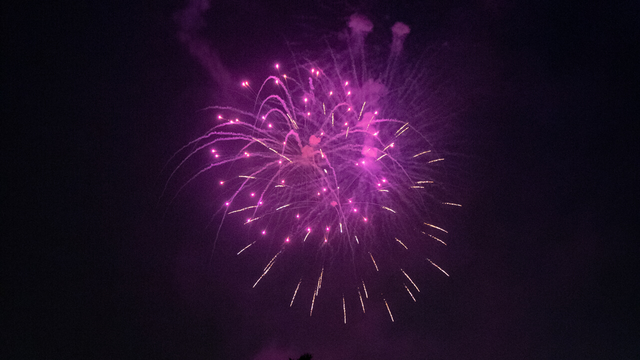 A large pink firework explodes in the Hamden night sky