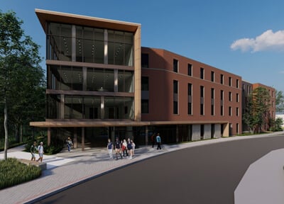 Rendering of the exterior of the new residence hall, The Grove, in the South Quad
