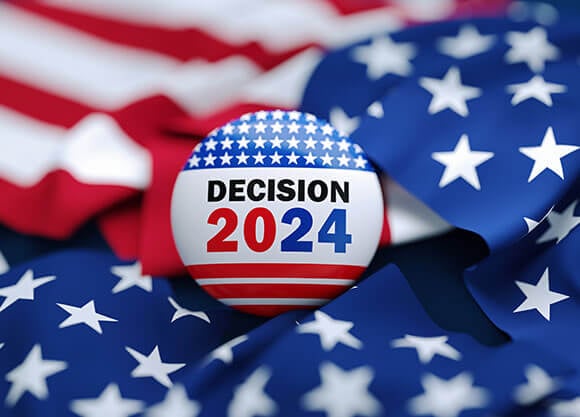 Decision 2024 pin on the American flag
