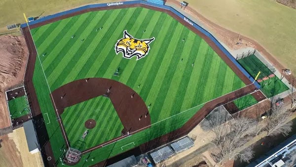 Birds-eye view of the new Baseball Field with bright green turf