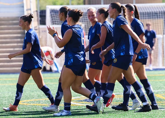 Soccer players walk across field in a group