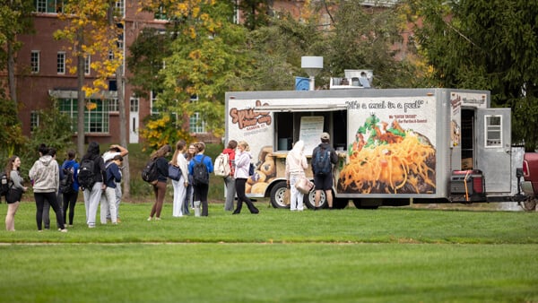 Students wait on-line for the food truck