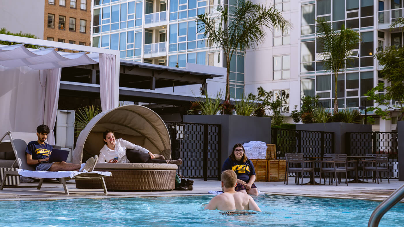 Quinnipiac students enjoy the rooftop pool in Los Angeles.