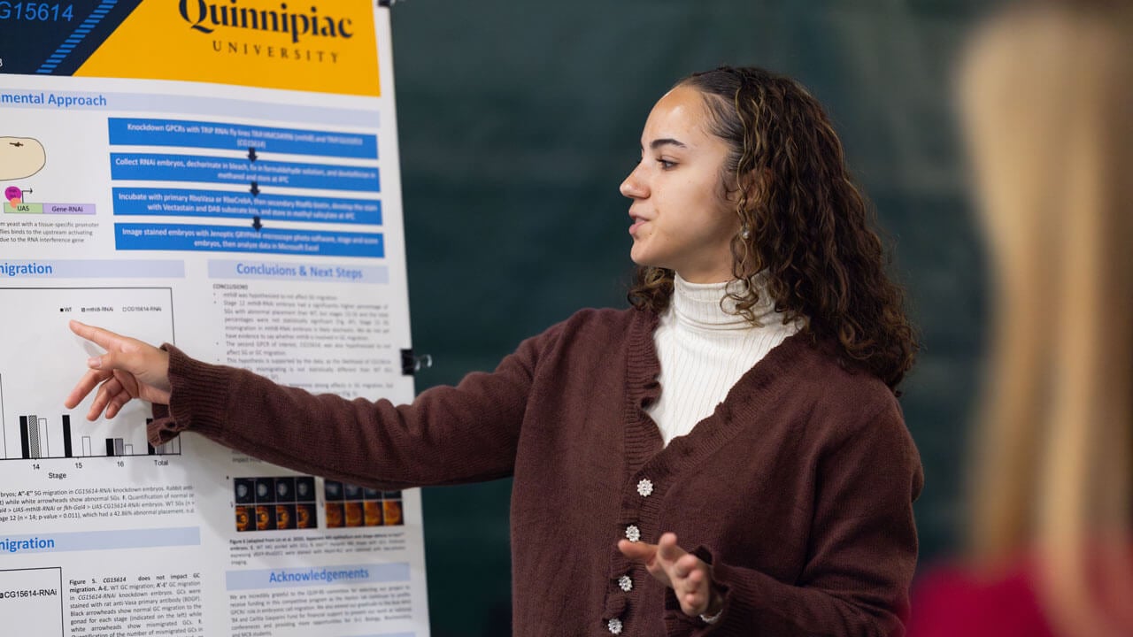 Student in a brown sweater points to her research board while talking