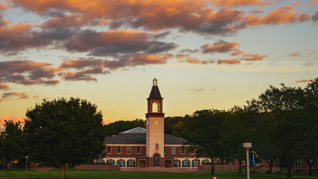 Pink and yellow sunset behind the Arnold Bernhard Library clock tower