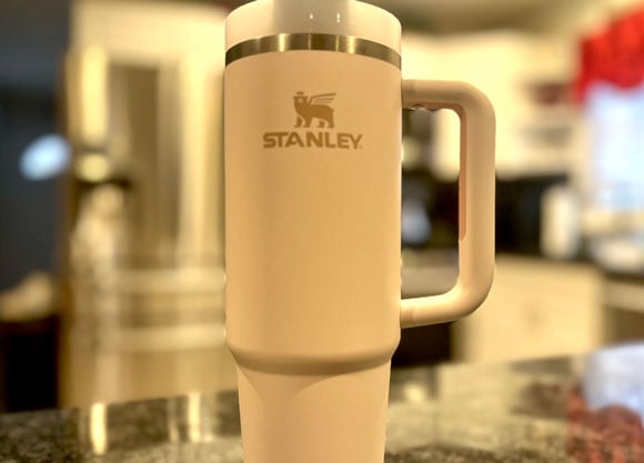 Pink Stanley Cup standing on counter