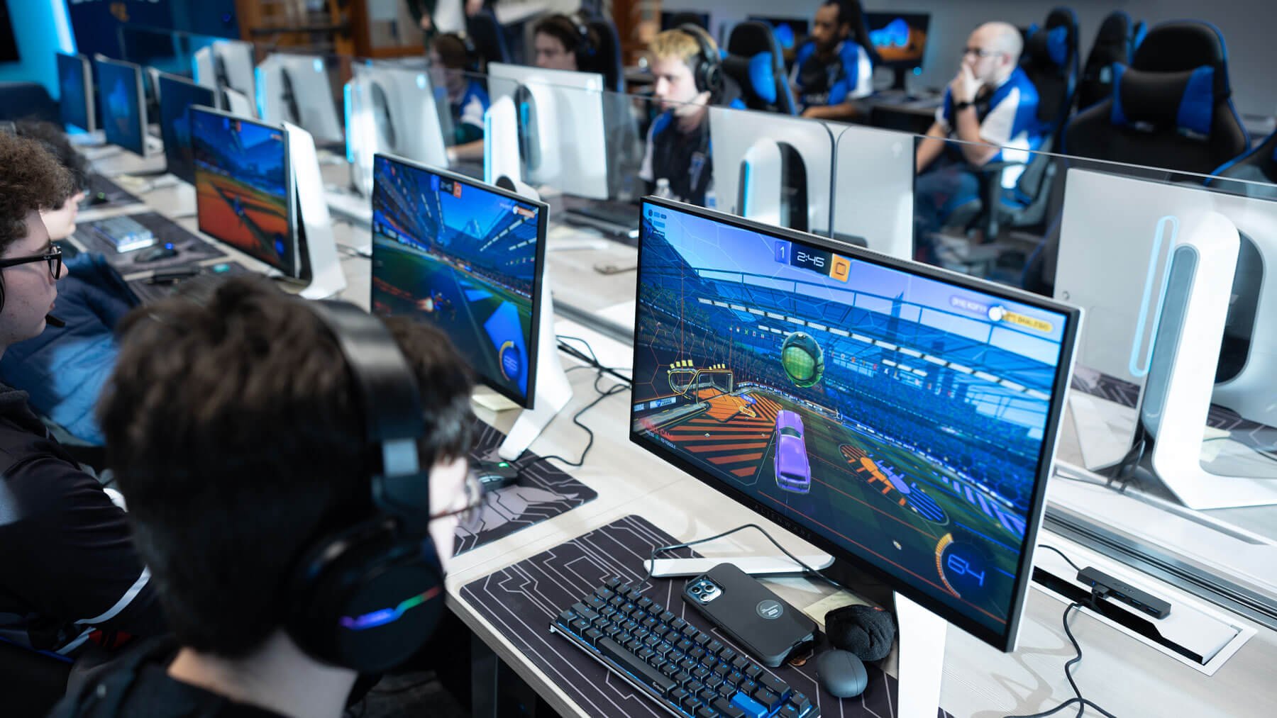 A student playing Rocket League in the eSports Lab.