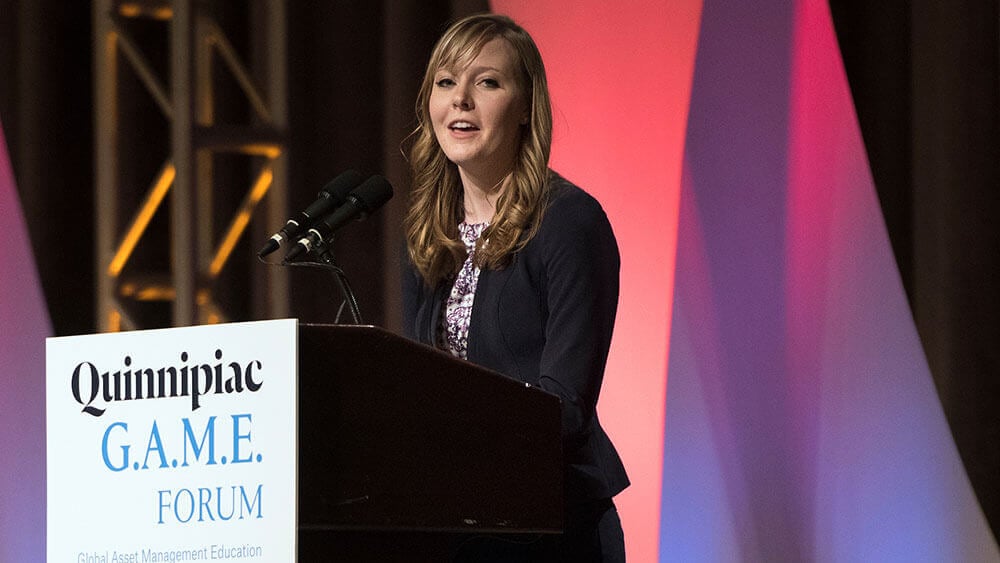 A business student introduces speakers at the GAME Forum in New York City