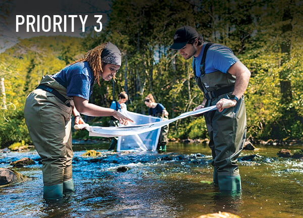 Priority 3: Two students in wading pants stand in a river collecting samples